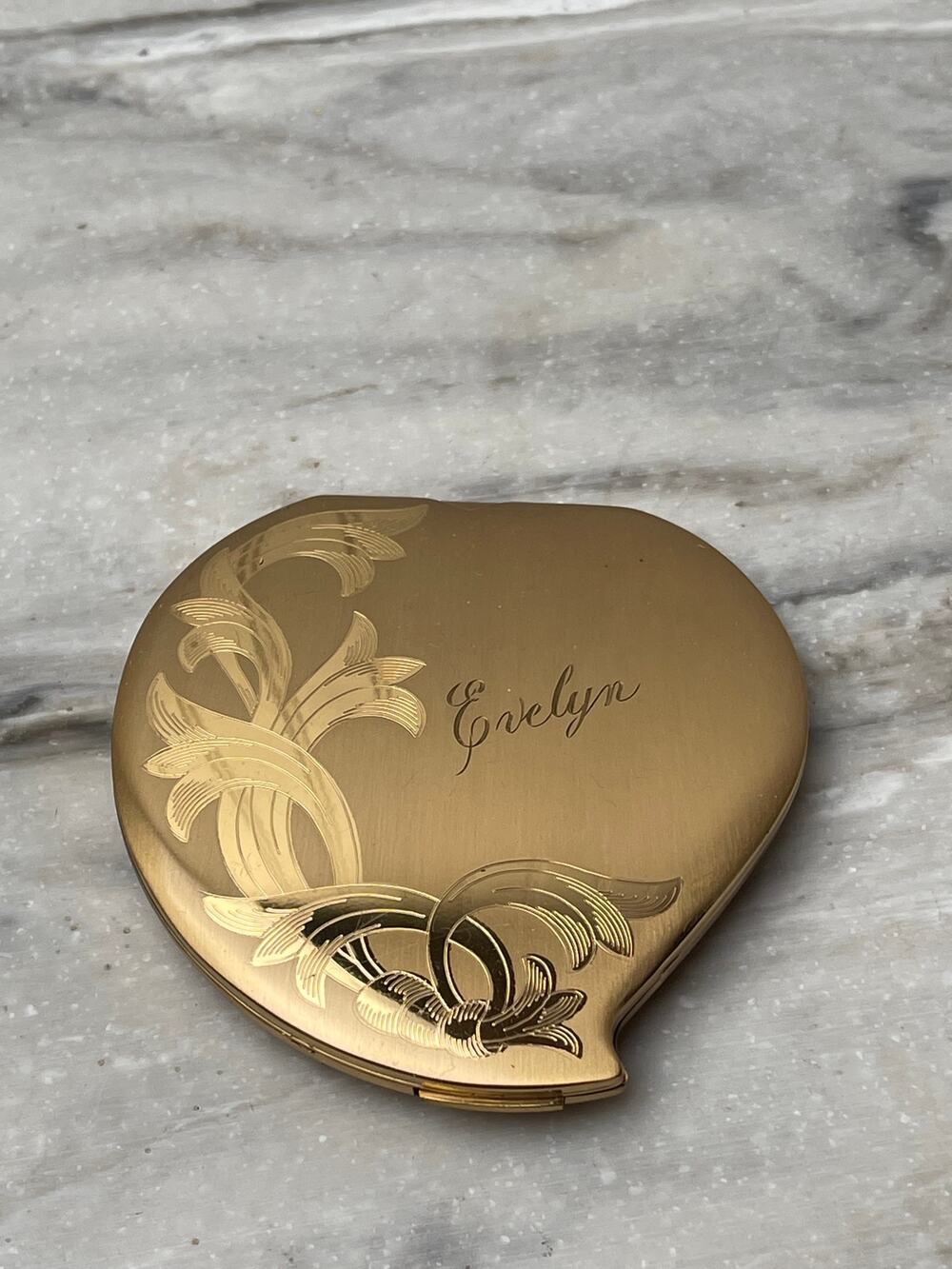 Compact Gold Unused Elgin American Heart Floral Made in the USA 1950s Vintage
